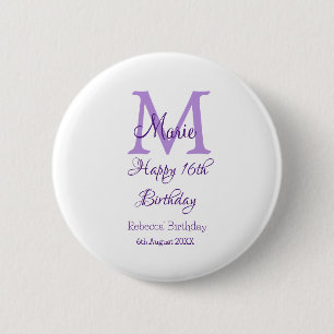 Badge Rond 5 Cm Joyeux 16e anniversaire violet ajouter nom monogra