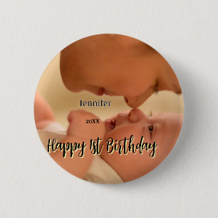 Badge Rond 5 Cm Joyeux 1er anniversaire enfants bébé mère noir jau