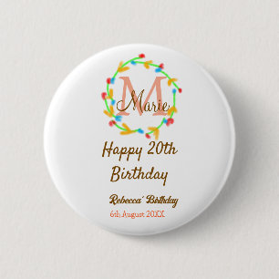 Badge Rond 5 Cm Joyeux 20e Anniversaire couronne monogramme rouge