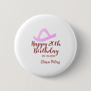Badge Rond 5 Cm Joyeux 20e anniversaire fille cowboy rose nom date