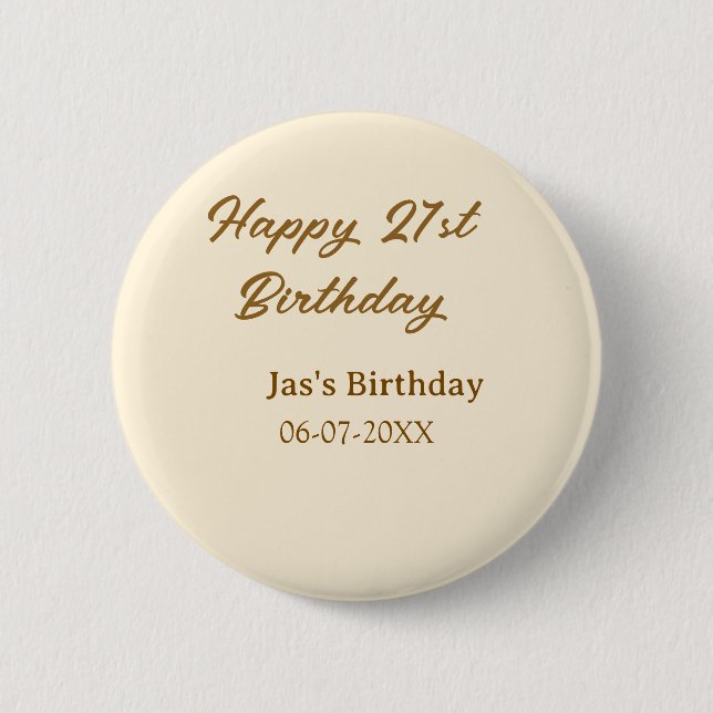 Badge Rond 5 Cm Joyeux 21e anniversaire marron pastel jaune nom da (Devant)