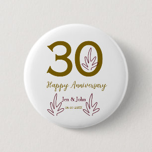 Badge Rond 5 Cm Joyeux 30e anniversaire nom date feuille rouge dor
