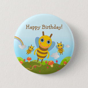 Badge Rond 5 Cm Joyeux anniversaire avec des abeilles de miel