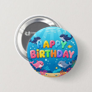 Badge Rond 5 Cm Joyeux anniversaire dauphin nautique mignon