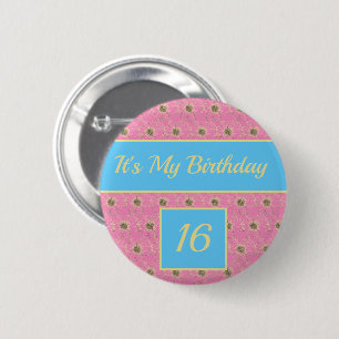 Badge Rond 5 Cm Joyeux Anniversaire Floral or/ rose/ bleu design