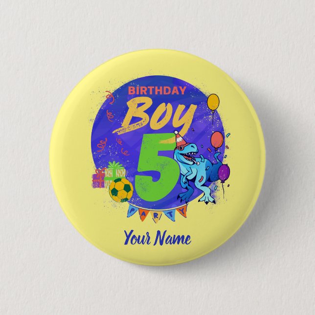Badge Rond 5 Cm Joyeux anniversaire garçon 5e anniversaire dinosau (Devant)