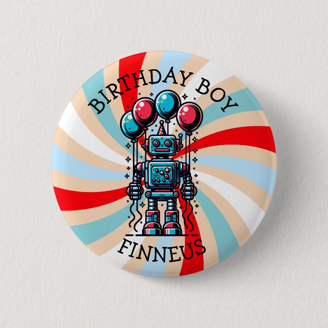 Badge Rond 5 Cm Joyeux Anniversaire Garçon Thème Robot (Devant)