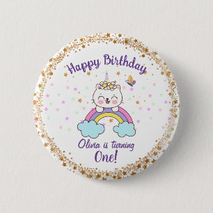Badge Rond 5 Cm Joyeux Anniversaire Licorne Mignonne Chat Arc-en-C
