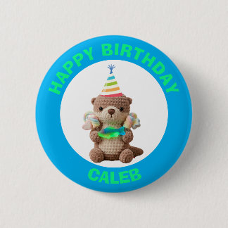 Badge Rond 5 Cm Joyeux Anniversaire | Ours en peluche bleu et vert