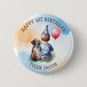 Badge Rond 5 Cm Joyeux anniversaire personnalisé   Bébé et chiot