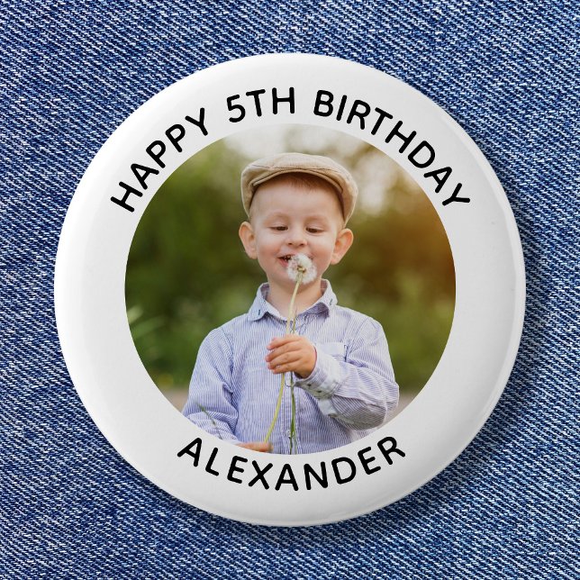 Badge Rond 5 Cm Joyeux Anniversaire photo blanche (Happy Birthday Round Photo White Button)