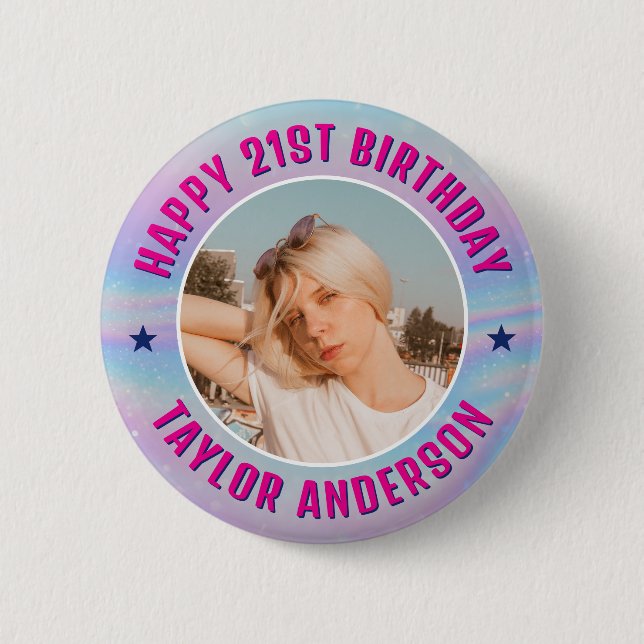 Badge Rond 5 Cm Joyeux Anniversaire Photo personnalisée Arc-en-cie (Devant)