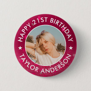 Badge Rond 5 Cm Joyeux Anniversaire Photo Personnalisée Confettis