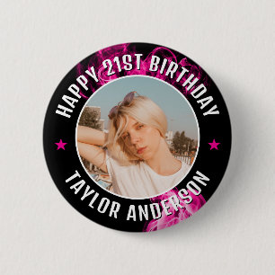 Badge Rond 5 Cm Joyeux Anniversaire Photo Personnalisée Effet Rose
