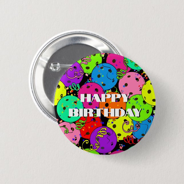 Badge Rond 5 Cm Joyeux Anniversaire Pickleball Ballons Confetti No (Devant & derrière)