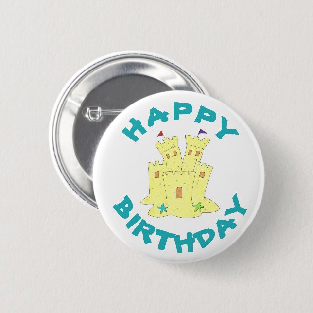 Badge Rond 5 Cm Joyeux anniversaire Sandcastle Sand Castle Beach P (Devant & derrière)