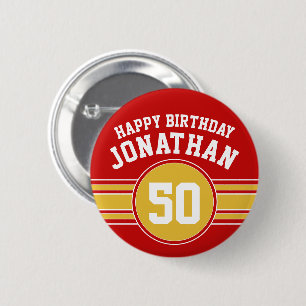 Badge Rond 5 Cm Joyeux Anniversaire Sports Stripes avec Age Gold R