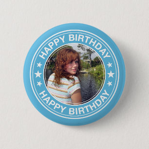 Badge Rond 5 Cm Joyeux cadre photo d'anniversaire en bleu