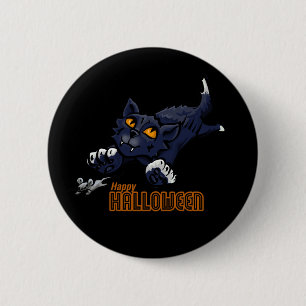Badge Rond 5 Cm Joyeux chat d'Halloween Chasing souris