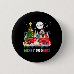 Badge Rond 5 Cm Joyeux Chien de Noël Père Noël Elf Shih Tzus Sur P