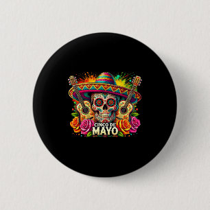 Badge Rond 5 Cm Joyeux cinco de mayo mexicain chapeau crâne guitar