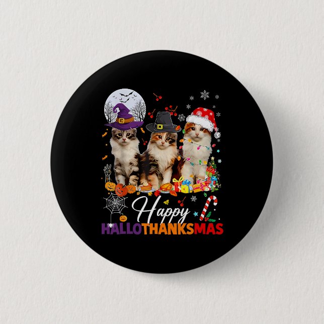 Badge Rond 5 Cm Joyeux Hallothanksmas Cute Cats Halloween Thanksgi (Devant)