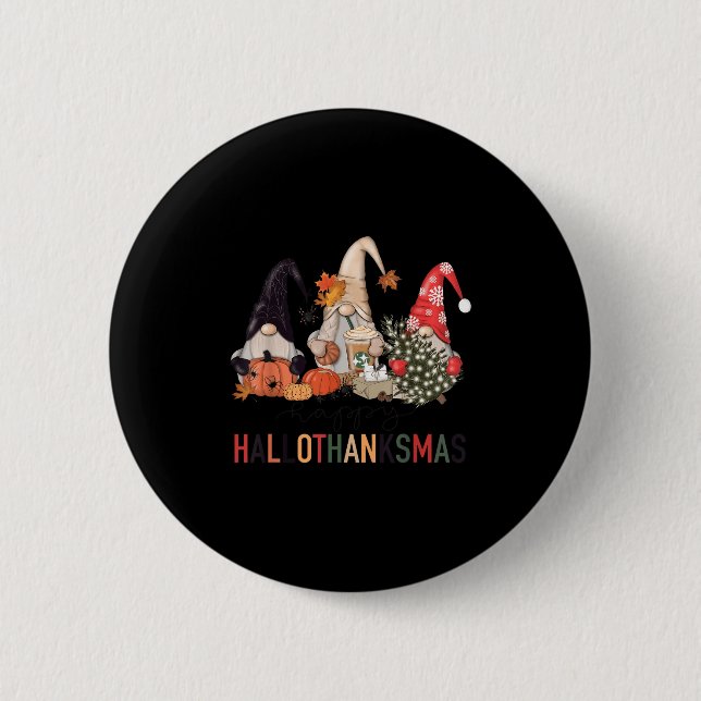 Badge Rond 5 Cm Joyeux Hallothanksmas Gnomes Citrouilles Halloween (Devant)