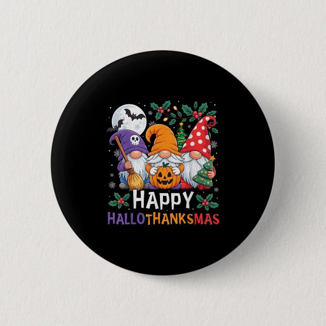Badge Rond 5 Cm Joyeux Hallothanksmas Gnomes Halloween Thanksgivin (Devant)