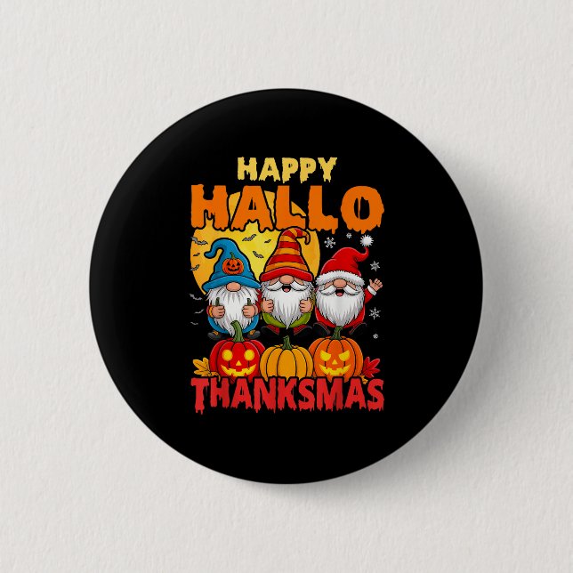 Badge Rond 5 Cm Joyeux Hallothanksmas Gnomes Halloween Thanksgivin (Devant)