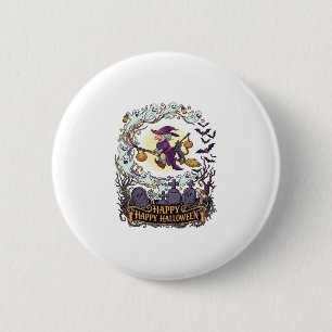Badge Rond 5 Cm Joyeux Halloween Balai de Sorcière Chat Noir Fantô