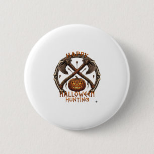 Badge Rond 5 Cm Joyeux Halloween Chasse Citrouille Haches Croisées