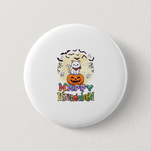 Badge Rond 5 Cm Joyeux Halloween Chat Blanc Citrouille Lune Chauve