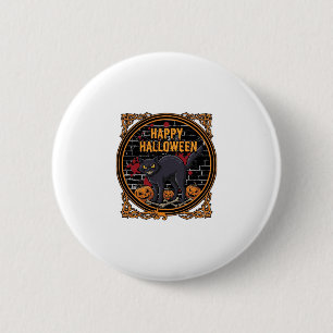 Badge Rond 5 Cm Joyeux Halloween Chat Noir Citrouilles Os_1