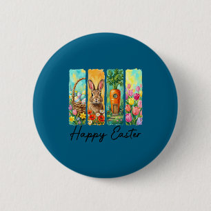 Badge Rond 5 Cm Joyeux jour de Pâques lapin oeufs panier chasse au