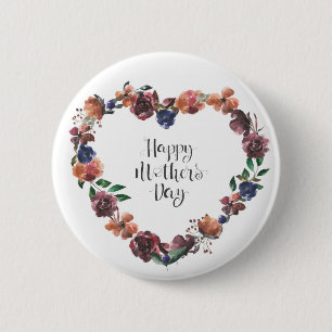 Badge Rond 5 Cm Joyeux Jour des Mères Coeur Floral Fleurs Script