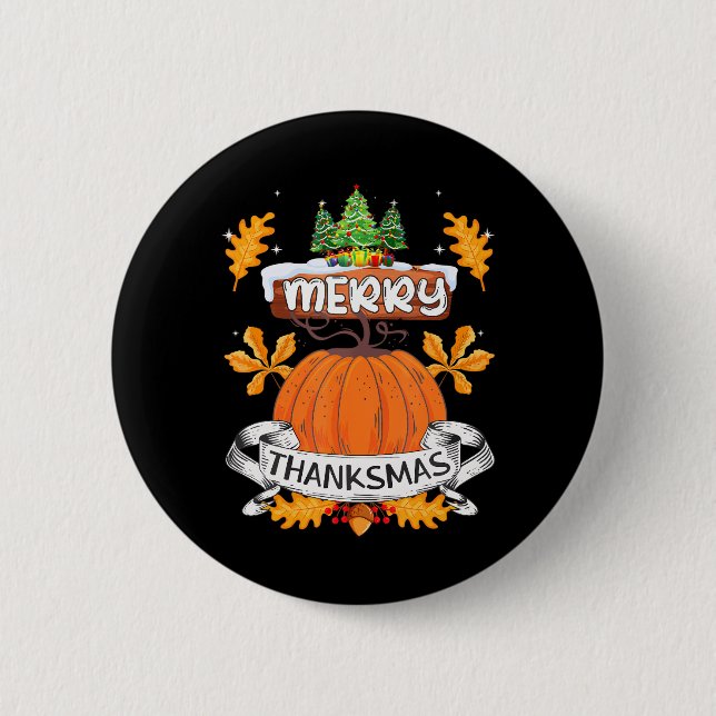 Badge Rond 5 Cm Joyeux Joyeux Thanksmas Mignonne Thanksgiving Noël (Devant)