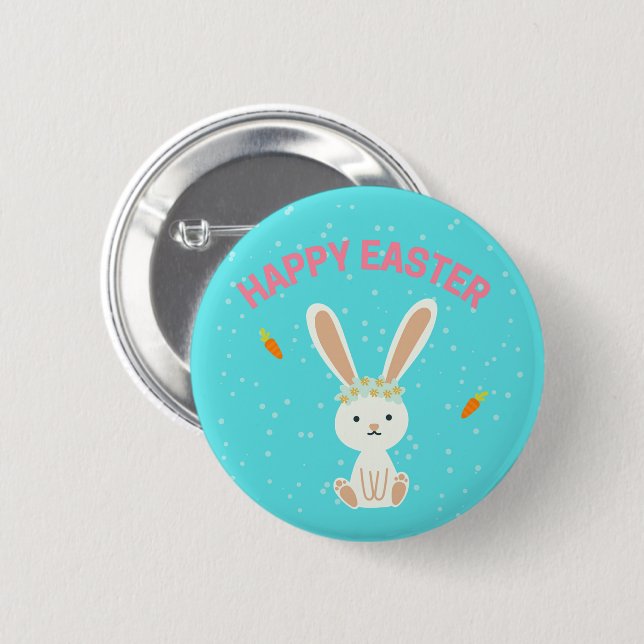 Badge Rond 5 Cm Joyeux lapin blanc de Pâques sur bleu (Devant & derrière)