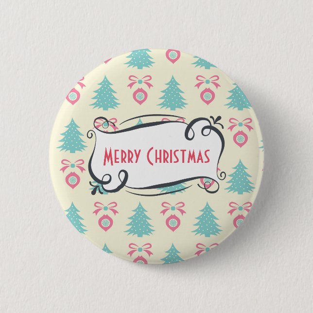Badge Rond 5 Cm Joyeux Motif de Noël avec Arbres Baubles & Bows (Devant)