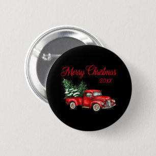 Badge Rond 5 Cm Joyeux Noël Arbre Année Vintage Camion Rouge Noi