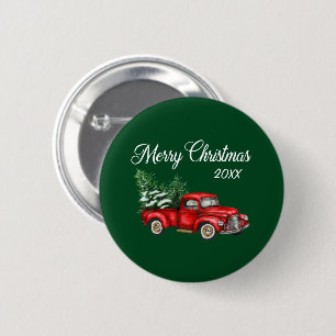 Badge Rond 5 Cm Joyeux Noël Arbre Date Vintage Camion Rouge Vert