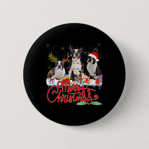 Badge Rond 5 Cm Joyeux Noël Boston Terrier Père Noël Reindeer Ligh