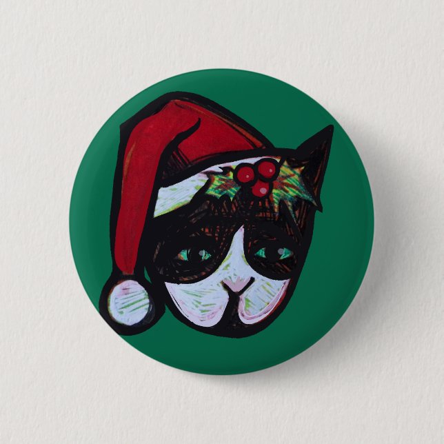 Badge Rond 5 Cm Joyeux Noël Chat noir et blanc (Devant)