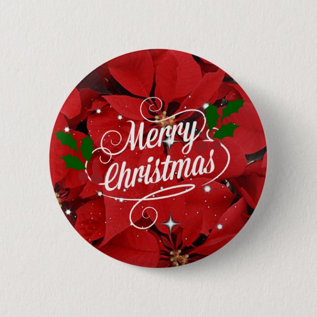 Badge Rond 5 Cm Joyeux Noël, fête des poinsettias rouges (Devant)