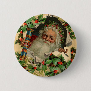 Badge Rond 5 Cm Joyeux Noël Père Noël Holly