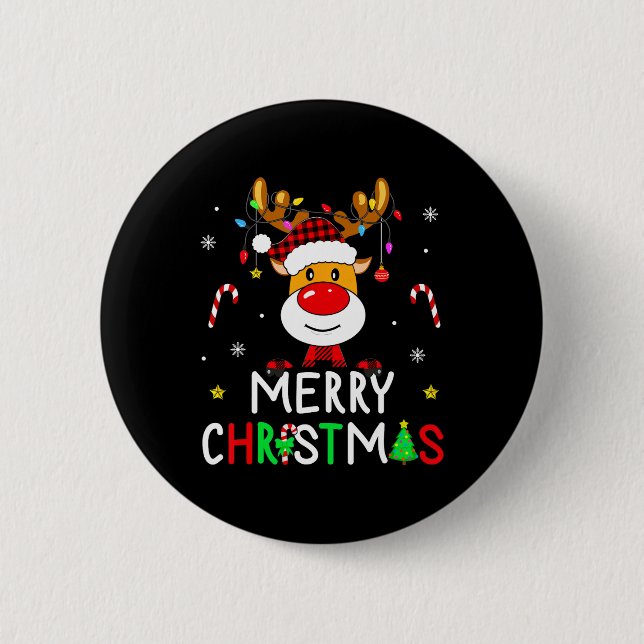 Badge Rond 5 Cm Joyeux Noël Rouge Père Noël Chapeau Reindeer Famil (Devant)