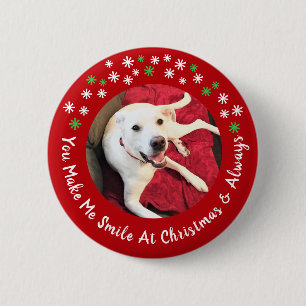 Badge Rond 5 Cm Joyeux Noël Smiling Chien Photo Funny Red Circle