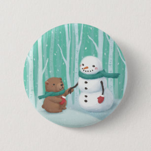 Badge Rond 5 Cm Joyeux Noël : Snowman & Ours Illustration Art