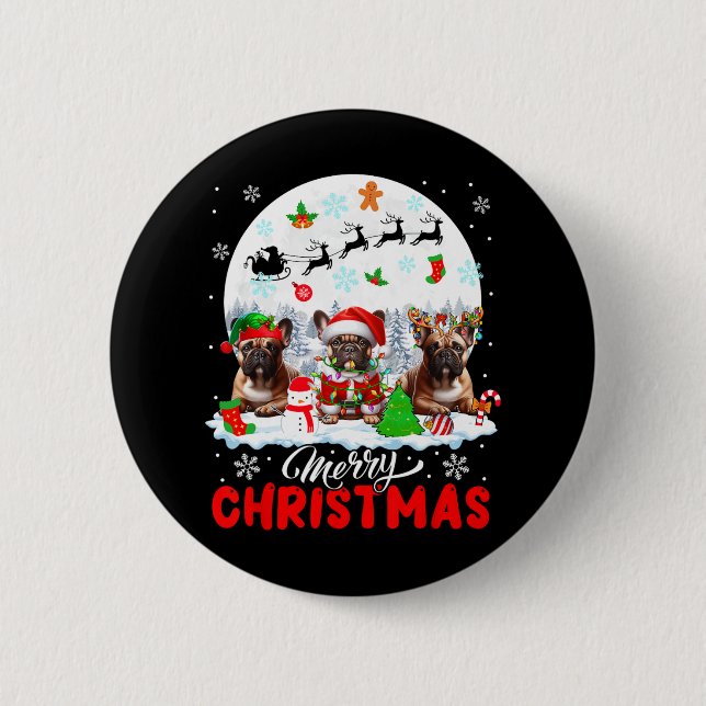 Badge Rond 5 Cm Joyeux Noël Trois Père Noël Elf Reindeer French Bu (Devant)