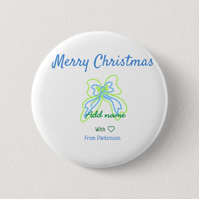 Badge Rond 5 Cm Joyeux noël vert bleu arc ajouter nom de famille t (Devant)