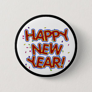 Badge Rond 5 Cm Joyeux Nouvel An - Joyeux Texte Rouge Avec Confett